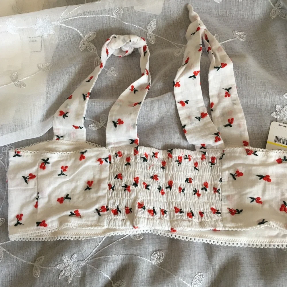 Free People Bralette Combo Red & white lace trim Size Medium - Picture 5 of 12